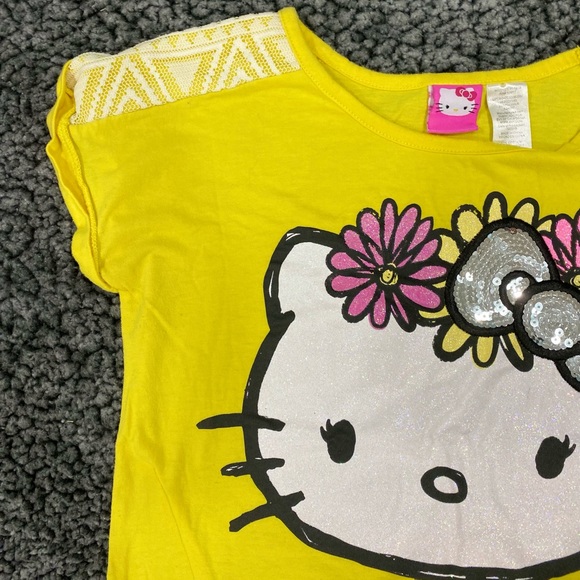 Girls Hello Kitty Tie Front Spring Yellow Sequin T-Shirt Top Size L/G 10-12 - Picture 3 of 7
